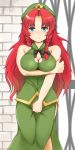  bare_arms bare_shoulders blue_eyes blush bow braid breast_hold breasts cleavage cleavage_cutout covering covering_crotch gate ginji74 hair_ribbon hat have_to_pee highres hong_meiling large_breasts long_hair looking_at_viewer red_hair redhead ribbon shirt side_slit skirt skirt_set smile solo star sweat touhou twin_braids very_long_hair wall 