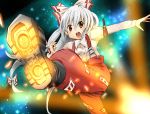  arm_belt boots bow eichi_(0903275) fujiwara_no_mokou hair_bow long_hair long_sleeves open_mouth puffy_sleeves red_eyes shoe_soles silver_hair solo suspenders touhou 