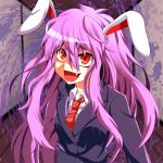  animal_ears bunny_ears eo_(artist) fang long_hair long_sleeves messy_hair necktie open_mouth pink_hair rabbit_ears red_eyes reisen_udongein_inaba solo touhou 