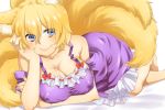  animal_ears bare_shoulders blonde_hair blue_eyes breasts chin_rest collarbone erect_nipples fox_ears fox_tail large_breasts looking_at_viewer lying multiple_tails no_bra shirane_koitsu smile solo tail touhou yakumo_ran 