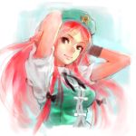  1girl arms_up blush bow braid breasts green_eyes hat hong_meiling looking_at_viewer matsuda_(matsukichi) red_hair redhead short_hair smile solo touhou twin_braids wristband 