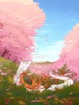  animal artist_request cloud clouds fire flower grass highres juuyonkou mountain no_humans ookami ookami_(game) petals scenery sky solo tattoo tree weapon wolf 