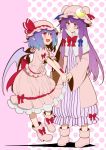  aqua_hair bat_wings blue_hair blush bow capelet crescent eichi_yuu fang gradient_hair hand_holding hat hat_ribbon holding_hands long_hair long_sleeves multicolored_hair multiple_girls open_mouth patchouli_knowledge puffy_sleeves purple_eyes purple_hair red_eyes remilia_scarlet ribbon short_hair short_sleeves touhou wide_sleeves wings 
