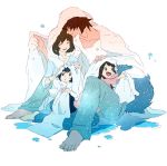  2girls ame_(ookami_kodomo) barefoot black_hair brown_hair closed_eyes en_(pixiv1642655) eyes_closed family father_and_daughter father_and_son hana_(ookami_kodomo) long_hair mother_and_daughter mother_and_son multiple_boys multiple_girls ookami_kodomo_no_ame_to_yuki ookami_otoko short_hair smile tail towel wet yuki_(ookami_kodomo) 