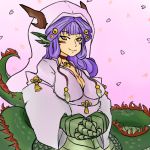  1girl blush breasts choker cleavage colored dragon_ears dragon_girl dragon_horns dragon_tail dress hair_rings highres hood japanese_clothes latenight magatama monster_girl monster_girl_encyclopedia original purple_hair smile solo tail wedding_dress yellow_eyes 