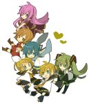  4girls blonde_hair blue_eyes blue_hair boots brown_eyes brown_hair detached_sleeves fang green_eyes green_hair hair_ornament hair_ribbon hairclip hand_holding hatsune_miku headphones heart holding_hands kagamine_len kagamine_rin kaito long_hair megurine_luka meiko multiple_boys multiple_girls necktie open_mouth pink_hair ribbon scarf short_hair simple_background skirt thigh-highs thighhighs twintails very_long_hair vocaloid white_background yoshiki 