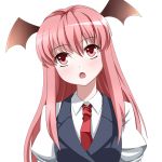  blush bust demon_wings eo_(artist) face head_wings highres koakuma long_hair necktie open_mouth puffy_sleeves red_eyes red_hair redhead solo touhou white_background wings 