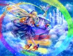  bag bird blonde_hair camera castle dress flower green_eyes hair_flower hair_ornament hat highres long_hair looking_at_viewer looking_back oekaki_musume original paintbrush rainbow ribbon skirt smile solo stairs tanko_(artist) very_long_hair 