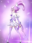  1girl boots cure_sword dokidoki!_precure earrings florence_temporary from_behind hand_on_hip highres jewelry kenzaki_makoto looking_back precure purple_background purple_hair solo standing sword thigh-highs thigh_boots violet_eyes weapon 