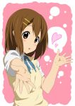  blush blush_stickers brown_eyes brown_hair hair_ornament hairclip heart highres hirasawa_yui iyakun k-on! official_style open_mouth outstretched_hand school_uniform short_hair short_sleeves solo sweater_vest 