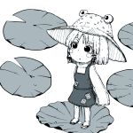 bad_id blush_stickers chibi eyeball eyebrows flower hat kinugoshi-doufu_(okaratt) leaf lotus monochrome moriya_suwako short_hair solo thick_eyebrows touhou water 
