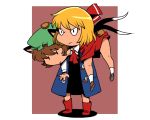  &gt;:( 2girls :&lt; animal_ears blonde_hair bow carry cat_ears cat_tail chen hair_bow hair_ribbon hat highres multiple_girls multiple_tails onikobe_rin ribbon rumia short_hair tail touhou 