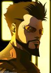  adam_jensen brown_hair bust cyberpunk cyborg deus_ex deus_ex:_human_revolution facial_hair goatee highres metalhanzo solo sunglasses watermark web_address 