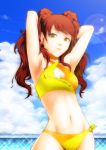  1girl armpits arms_behind_head arms_up atlus bikini breasts brown_eyes brown_hair cleavage_cutout cute female_focus kujikawa_rise long_hair megami_tensei midriff navel persona persona_4 sexy solo swimsuit twintails waiz009 