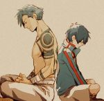  2boys artist_request back-to-back black_hair closed_eyes duplicate indian_style jacket kamina looking_down lowres multiple_boys shirtless shorts simon simple_background sitting tengen_toppa_gurren_lagann 