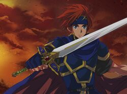  armor blue_eyes cape fingerless_gloves fire_emblem fire_emblem:_fuuin_no_tsurugi fire_emblem_fuuin_no_tsurugi gloves headband kosato male red_hair redhead roy short_hair solo sword weapon 