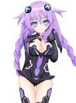  blue_eyes blush bodysuit braid breasts choujigen_game_neptune cleavage cleavage_cutout hair_ornament highres kami_jigen_game_neptune_v long_hair looking_at_viewer navel neptune_(choujigen_game_neptune) purple_hair purple_heart see-through smile solo symbol-shaped_pupils tamaki_(tamaki_pic) thigh-highs thighhighs twin_braids very_long_hair 