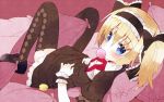  argyle_legwear blonde_hair blue_eyes bow cushion eating hair_bow hair_ribbon lolita_fashion looking_back mary_janes meito_(maze) on_back original ribbon shoes short_twintails solo thigh-highs thighhighs twintails 