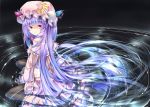  capelet crescent hat long_hair long_sleeves partially_submerged patchouli_knowledge purple_eyes purple_hair ripples sitting solo sugiyuu touhou very_long_hair violet_eyes water wide_sleeves 