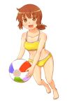  :d ball bare_shoulders barefoot beachball blush brown_eyes character_request collarbone holding looking_at_viewer marguerite_fatima open_mouth shishio_(artist) short_hair simple_background smile solo swimsuit tankini white_background xenogears 