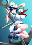  anchor black_hair blue_background blue_eyes boots breasts hat impossible_clothes impossible_shirt murasa_minamitsu sailor_hat short_hair shorts smile solo touhou tuna_sand 