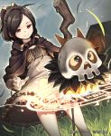  ahoge bow brown_eyes brown_hair cape character_request cygames grass hair_bow lena_(zoal) magic_circle ponytail shingeki_no_bahamut short_hair skull sky smile solo staff star_(sky) starry_sky 