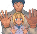  black_hair blonde_hair blue_eyes bob_cut couple dress_shirt expressionless ferriyang hands light_smile palms pumpkin_scissors randal_orlando scar shirt short_hair size_difference surprised 