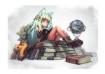  animal_ears babycat book book_stack cat_ears elbow_gloves globe gloves green_eyes green_hair holding holding_book long_hair open_book open_mouth original paws reading short_hair sitting smile solo too_many_books 