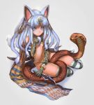  animal_ears babycat bikini blue_eyes blue_hair cat_ears cobra_(animal) elbow_gloves flat_chest gloves hair_ornament knife looking_at_viewer monster_girl navel original simple_background snake_hair solo striped striped_legwear swimsuit thigh-highs thighhighs 