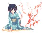  ahoge araragi_tsukihi black_eyes black_hair etoryoku fire japanese_clothes kimono monogatari_(series) nisemonogatari popsicle short_hair 