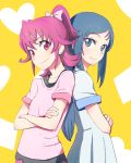  2girls aida_mana ayatori_(sensei_heroism) back-to-back blue_eyes blue_hair blush crossed_arms diamond_(symbol) dokidoki!_precure half_updo heart heart_background hishikawa_rikka multiple_girls pink_eyes pink_hair precure short_hair smile yellow_background 