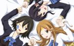  3girls bed_sheet black_eyes black_hair blonde_hair brown_hair green_eyes hair_ornament hairclip hairpin highres holding_hands inaba_himeko kiriyama_yui kokoro_connect kouchou long_hair looking_at_viewer lying multiple_girls nagase_iori necktie on_back open_mouth ribbon school_uniform short_hair wink 