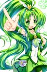  arm_up bike_shorts breasts choker cure_march dress green_eyes green_hair highres hoshi_no_gen long_hair magical_girl midorikawa_nao no_nose pointing ponytail precure skirt smile smile_precure! solo tiara tri_tails 