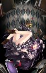 blush book bow crescent falling hat hebata highres long_hair looking_at_viewer open_mouth patchouli_knowledge pillow purple_eyes purple_hair solo teapot touhou violet_eyes 