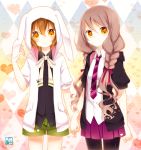  1girl 2girls :o akane_(goma) akira_(goma) animal_ears argyle argyle_background black_legwear blush braid brother_and_sister brown_eyes brown_hair bunny bunny_ears casual goma_(11zihisin) hair_ribbon hand_holding holding_hands hoodie jacket long_hair looking_at_viewer multiple_girls necktie open_mouth original pantyhose pleated_skirt ribbon school_uniform short_hair shorts siblings skirt trap twin_braids twins twintails vest yellow_eyes 