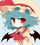  ascot bad_id bat_wings black_wings blouse blue_background blue_hair bow brooch fang haru_(kyou) hat hat_bow jewelry looking_at_viewer puffy_sleeves red_eyes remilia_scarlet short_hair smile solo striped striped_background touhou wings 