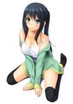  bare_shoulders black_hair black_legwear blush breasts chiro cleavage green_eyes large_breasts light_smile long_hair looking_at_viewer original ponytail seiza simple_background sitting solo thigh-highs thighhighs wariza white_background 