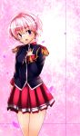  blue_eyes copyright_request open_mouth pink_hair short_hair skirt solo tanaka_deshirittoru uniform 