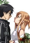  1girl asuna_(sao) bare_shoulders black_hair braid brown_eyes brown_hair bust eye_contact grey_eyes hand_holding holding_hands jacket kirito looking_at_another shinonome_jun smile sword_art_online 