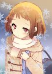  bag black_hair coat highres hyouka ibara_mayaka razuchi red_eyes scarf short_hair snowflakes winter_clothes 