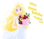  birthday blonde_hair blue_eyes blush bouquet carnation dress flower long_hair nashi_starfish ribbon rose ryuumonbuchi_touka saki smile solo sundress sunflower 