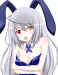  animal_ears bare_shoulders blush breasts bunny_ears bunnysuit cleavage detached_collar emerada121 heterochromia highres infinite_stratos laura_bodewig long_hair no_eyepatch open_mouth rabbit_ears red_eyes silver_hair solo white_background yellow_eyes 