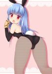  :o animal_ears ass bare_shoulders binsen blue_hair blush breasts bunny_ears bunny_girl bunny_tail bunnysuit fishnet_pantyhose fishnets gloves highres king_of_fighters kula_diamond long_hair looking_back open_mouth pantyhose rabbit_ears red_eyes solo sweatdrop tail 