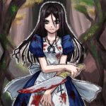  alice:_madness_returns alice_(wonderland) alice_in_wonderland american_mcgee&#039;s_alice american_mcgee's_alice apron aura black-yuzunyan blood bloody_clothes bloody_knife bow brown_hair forest green_eyes horseshoe jewelry knife long_hair nature necklace solo 