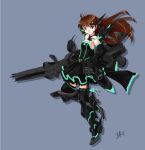  bare_shoulders black-yuzunyan black_dress brown_hair choker dress elbow_gloves frills gloves huge_weapon long_hair mecha_musume neon_trim original railgun robot_ears scouter signature simple_background solo thigh-highs thighhighs thrusters weapon 