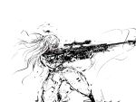 aiming baggy_pants gun infinite_stratos laura_bodewig long_hair merpperoni monochrome one_knee red_eyes rifle scope sniper_rifle solo spot_color weapon 