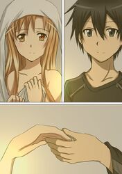  1girl asuna_(sao) black_hair blush brown_eyes brown_hair grey_eyes kirito long_hair shinonome_jun sword_art_online topless 