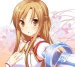  47agdragon :o armor asuna_(sao) bare_shoulders blush braid breastplate brown_eyes brown_hair bust detached_sleeves floral_background hand_on_own_chest holding long_hair looking_at_viewer open_mouth rapier solo sweatdrop sword sword_art_online weapon 