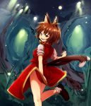  animal_ears brown_hair cat_ears cat_tail chen dress earrings highres jewelry mizuga multiple_tails short_hair smile solo tail touhou 