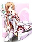  asuna_(sao) bare_shoulders breastplate brown_eyes brown_hair highres kagura_yuuto long_hair sword sword_art_online thigh-highs thighhighs weapon 